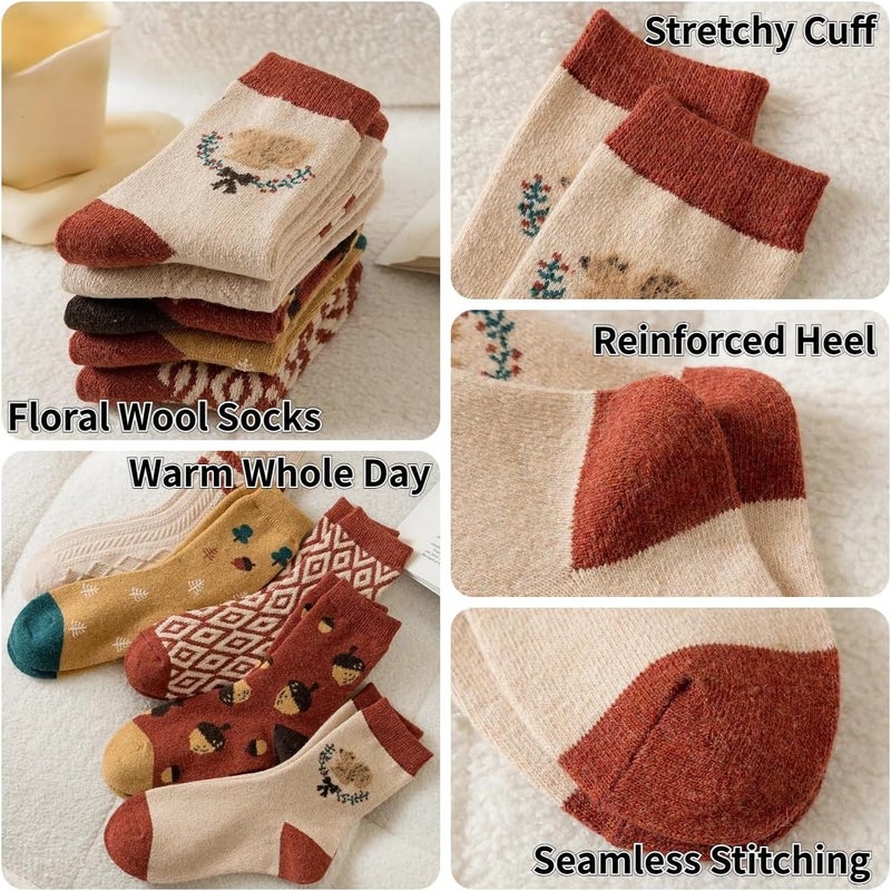 FORJMMP 5/10 Pairs Wool Socks for Women Thick Knit Vintage Cute Floral Crew Socks - Image 3